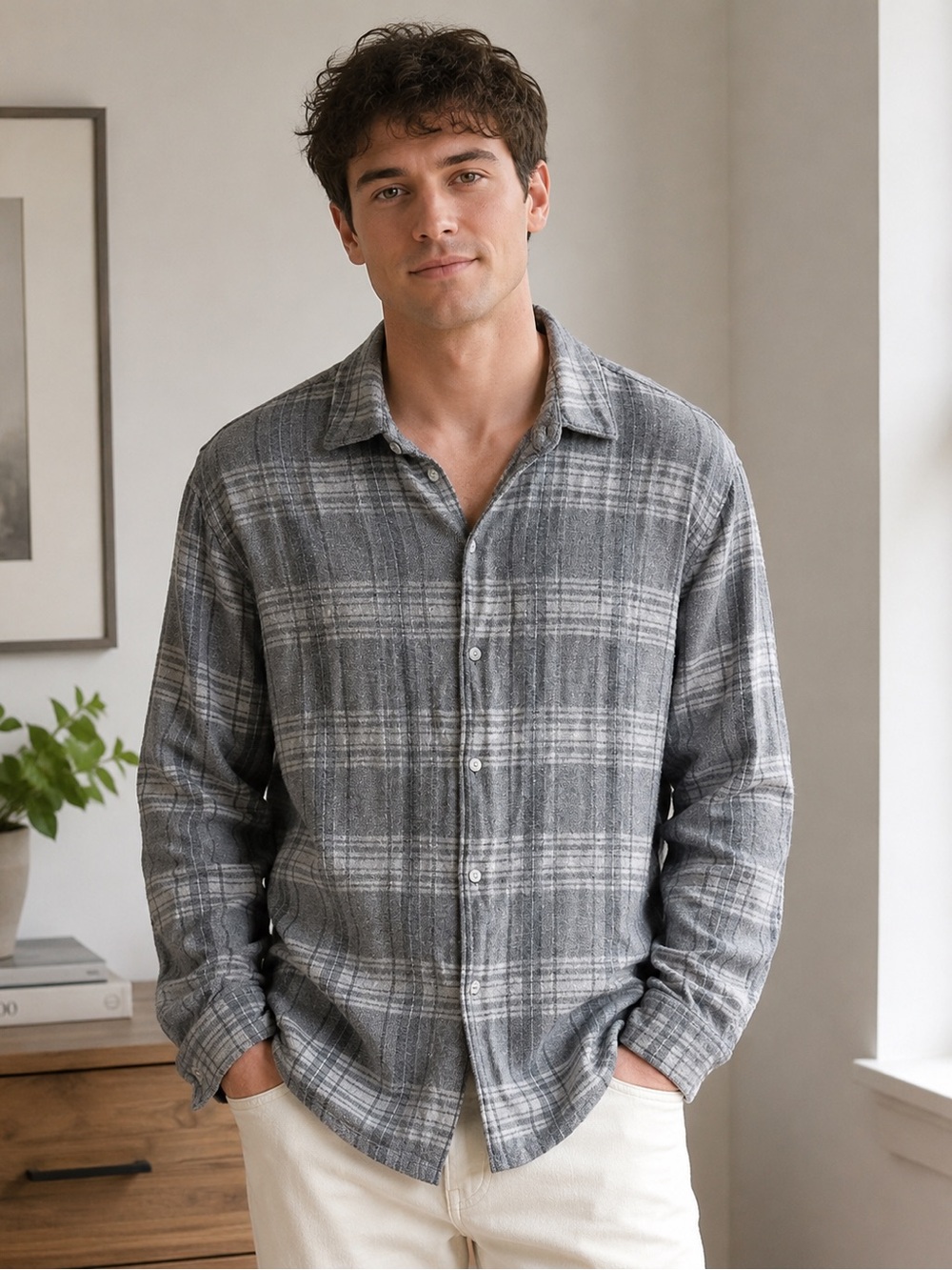 Vince Men’s Slub Plaid Cotton Linen Button-Down Shirt Gray Large